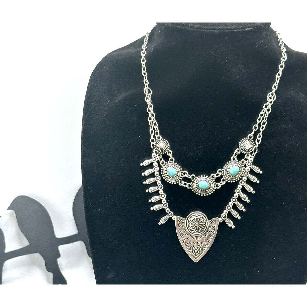 Silver T. 2 Strand Tiered Necklace Southwestern Faux Turquoise 19